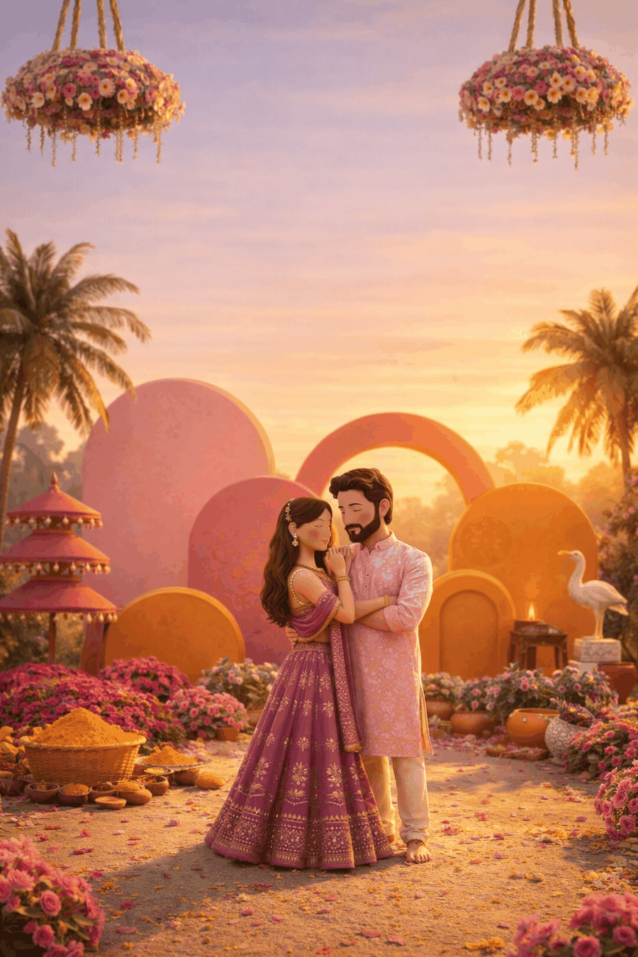 Haldi ceremony at sunrise with turmeric and flowers