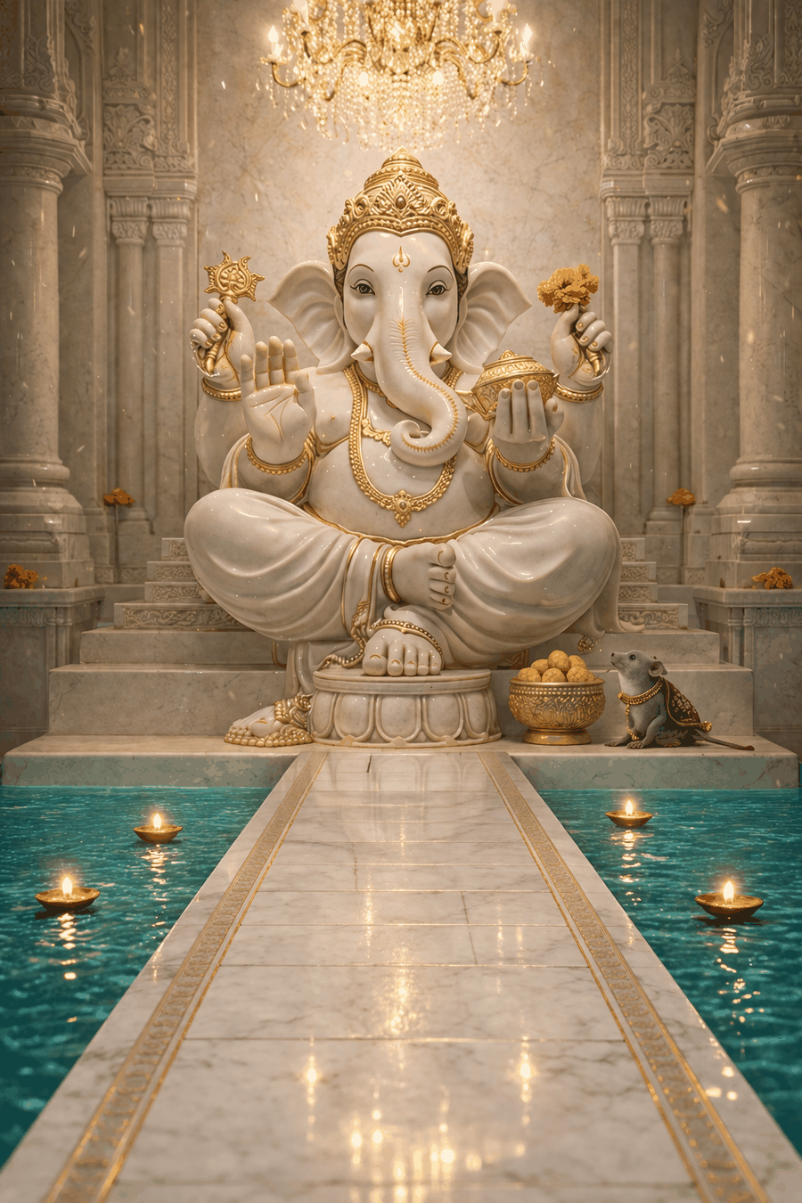 Lord Ganesha seated, with lamps and marigolds