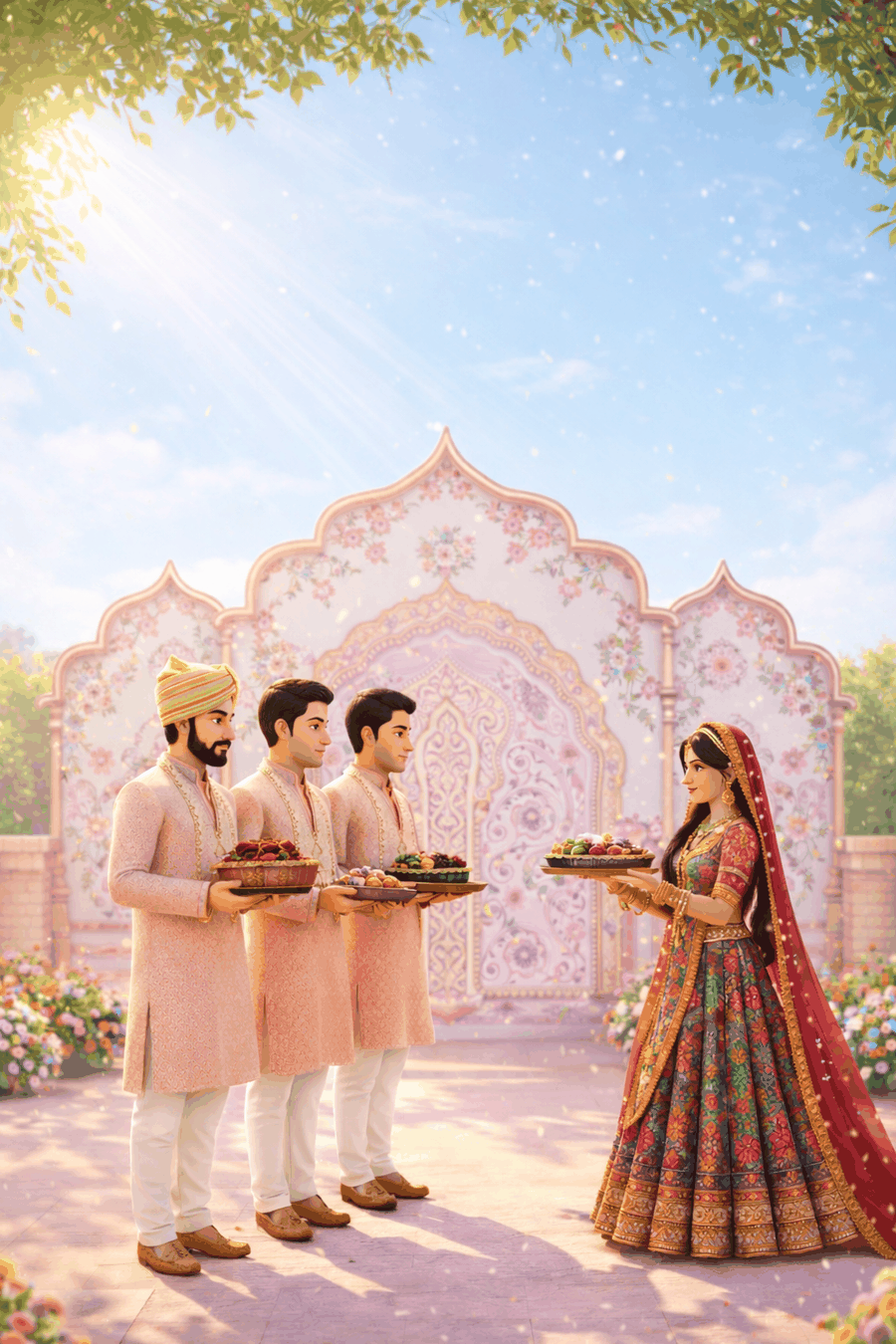 Mayra ceremony — family arriving with thaals of gifts