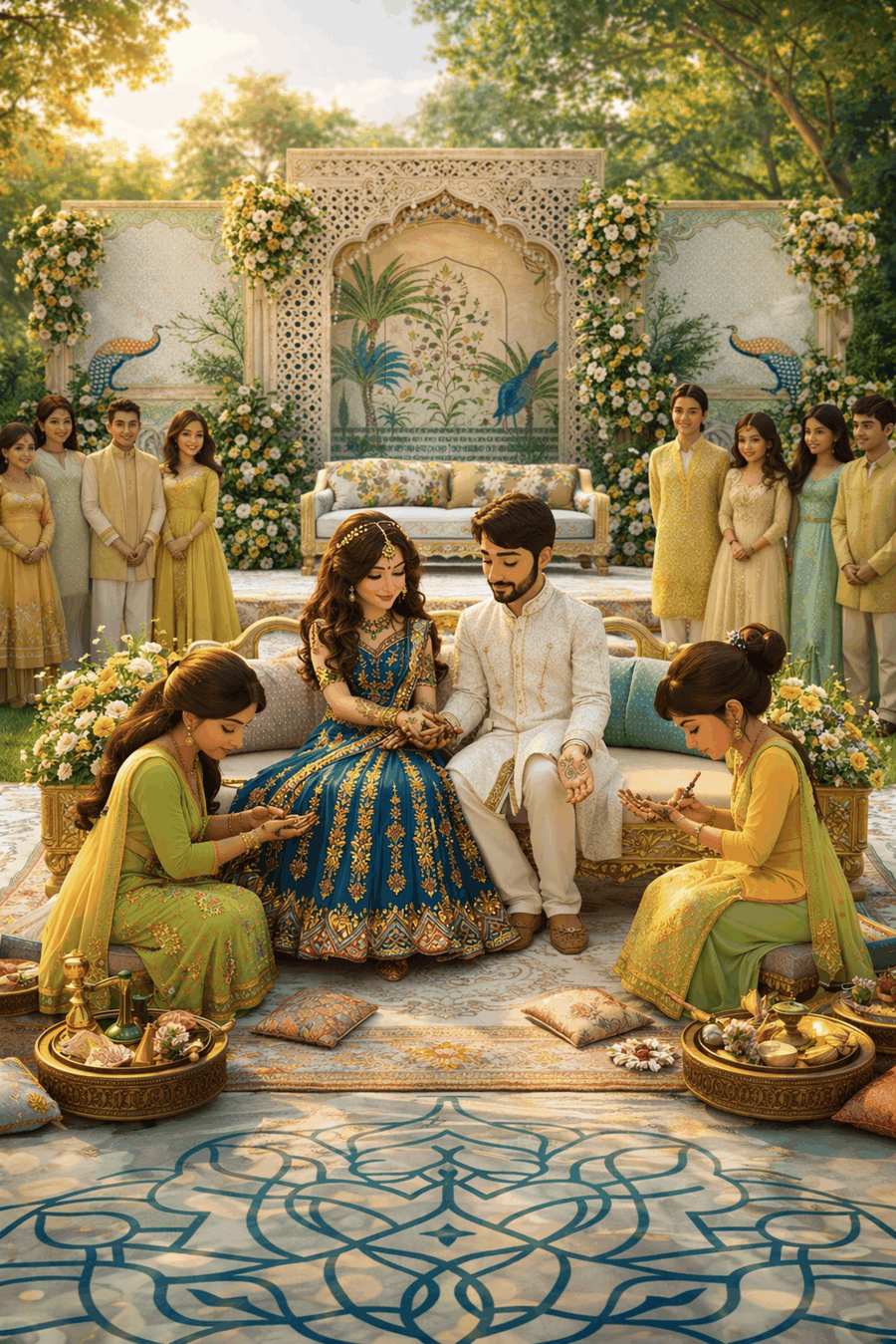 Mehndi ceremony — henna being applied to the couple