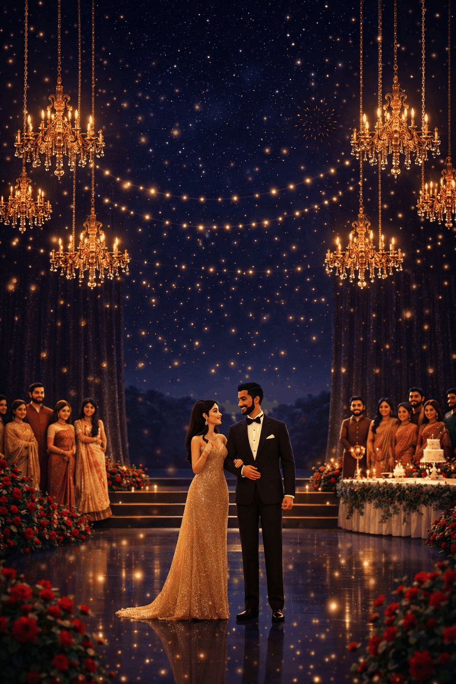 Reception evening — the couple on a lit stage with chandeliers