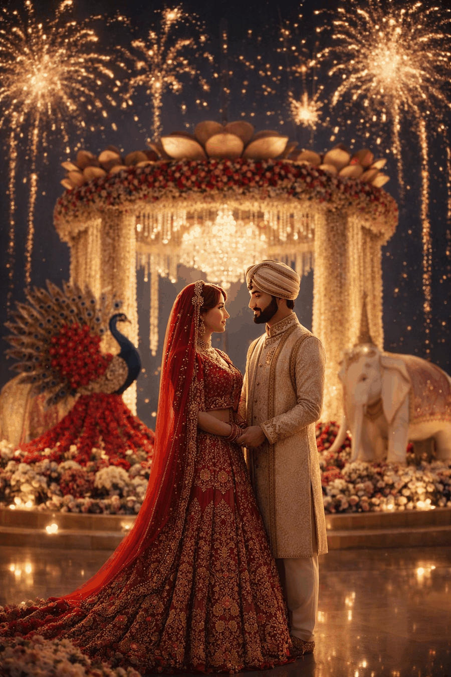 The wedding — bride and groom before the mandap with fireworks