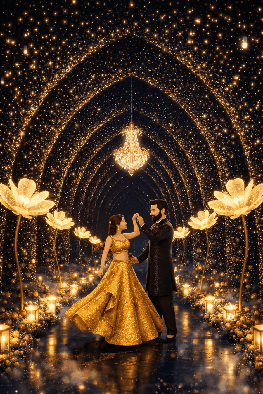 Sangeet night — the couple dancing under fairy lights
